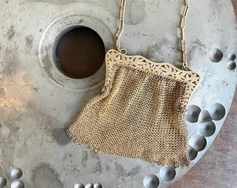 Borsa vintage in rete metallica placcata oro in argento sterling, borsa da sera incisa in stile Art Nouveau, borsa a mano antica in stile flapper, borsetta da sposa Art Nouveau