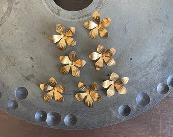 Può includere: Sette orecchini dorati a forma di fiore su una superficie grigia.