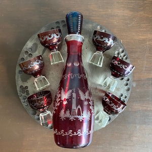 Vintage Bohemian Red Czech Glass Decanter and Cordial Set, Bohemian Red Glass, Hand Carved Decanter & Cordial Set, Boho Style, Red Glass