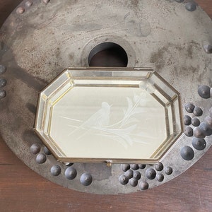 Vintage Leaded Etched Glass Box, Bird and Floral Etched Glass Box, Glass Trinket Box, Glass Keepsake Box, Vintage Etched Box