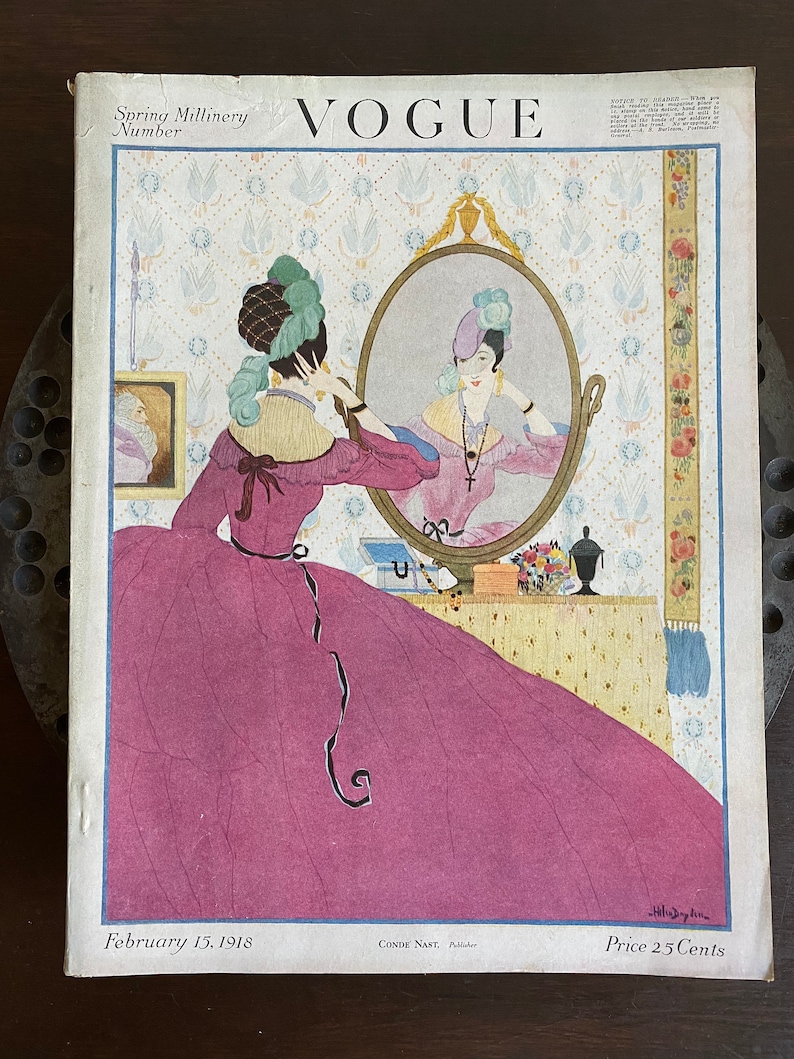 Revista Vogue original del 15 de febrero de 1918, número especial de primavera sobre sombrerería, portada con Helen Dryden, edición completa de Vogue antigua, revista de moda de la Primera Guerra Mundial. imagen 3
