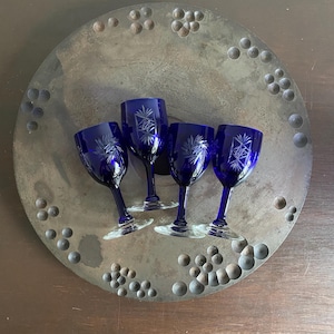 Set of 4 Vintage Czech Bohemian Blue Cut-to-Clear Crystal Cordial Glasses, Blue Glassware, Cut Glass Bar Ware, Boho Home