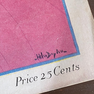 Puede incluir: Una impresi&oacute;n de papel vintage que presenta una gran &aacute;rea magenta bordeada por una fina l&iacute;nea azul. El texto "Price 25 Cents" est&aacute; impreso en una fuente serif negra en la parte inferior. La firma "Helen Dryden" es visible en tinta negra.