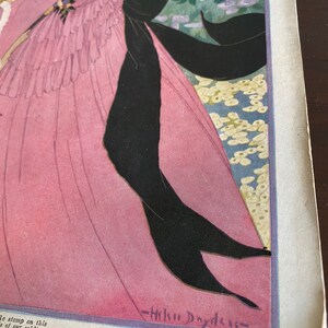 May include: A vintage illustration of a woman in a pink dress with a black bow. The woman is standing in a garden with flowers. The illustration is signed "Helen Dryden".