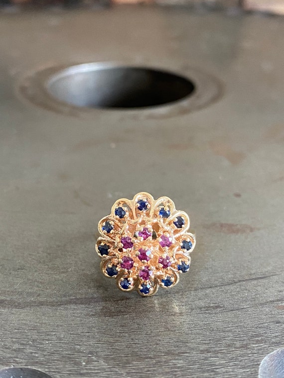 Vintage 14kt Gold Cluster Ring w/Sapphires and Ru… - image 3