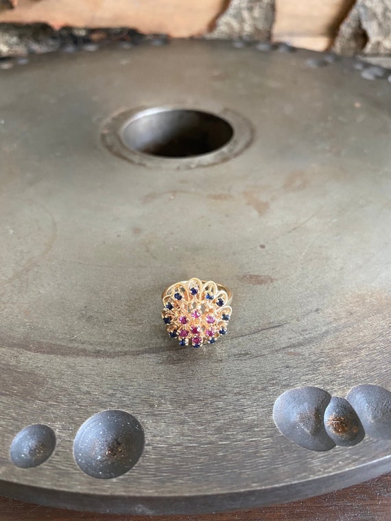 Vintage 14kt Gold Cluster Ring w/Sapphires and Ru… - image 2