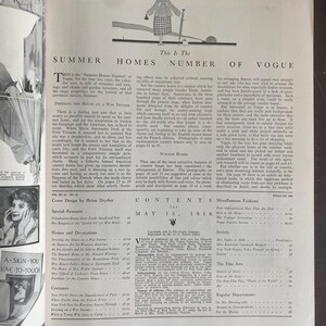May include: A vintage magazine page from the May 15, 1918 issue of Vogue, titled Summer Homes Number. The page features a black and white illustration of a person in a long dress holding a parasol, alongside columns of printed text and a table of contents.