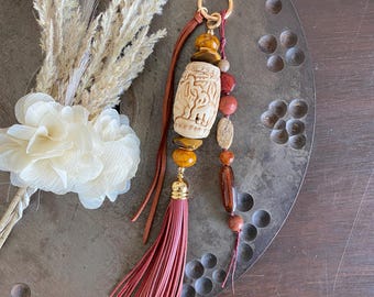 Boho Elephant Bag Charm, Chunky Gemstone Purse Charm, Tassel Handbag Accessory, Southwestern Style Keychain, Organic Purse Charm