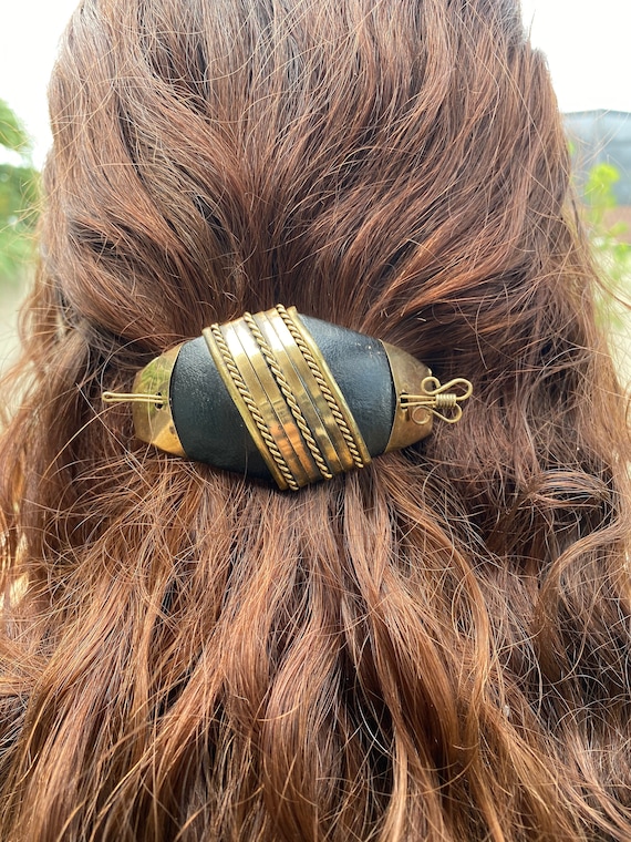 Vintage Leather & Brass Hair Barrette, 70s Hair B… - image 10