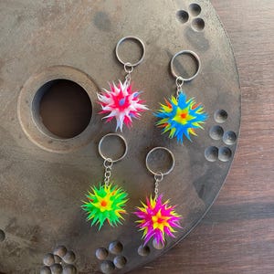 Puede incluir: Cuatro llaveros de bola con pinchos de colores. Los llaveros están hechos de un material suave y esponjoso, perfecto para añadir un toque de color a tus llaves. Los llaveros están disponibles en rosa, azul, verde y blanco.