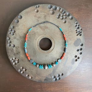 Vintage Afghan Turquoise and Coral Tribal Necklace, Multicolored Stone Necklace, Boho Festival Statement Jewelry(TN-106)