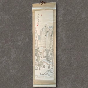 Vintage Silk Scroll With Chinese Mountain Landscape Scene, Chinese Artwork, Vintage Asian Scroll, Large Chinese Scroll, Vintage Asian Decor