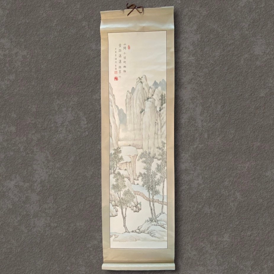 Vintage Silk Scroll With Chinese Mountain Landscape Scene, Chinese Artwork, Vintage Asian Scroll, Large Chinese Scroll, Vintage Asian Decor