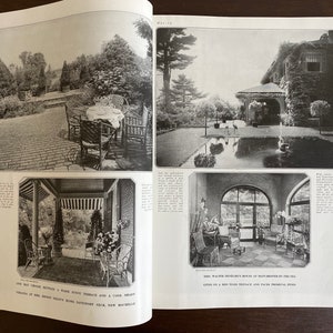 May include: A black and white magazine spread featuring four distinct photographs of residential architecture and garden landscapes, including a brick terrace, a house with a reflecting pool, a shaded veranda, and a sunroom with arched windows.