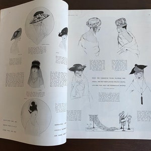 Puede incluir: Una p&aacute;gina de revista vintage con ilustraciones de l&iacute;neas en blanco y negro de varios estilos de sombreros y tocados. La p&aacute;gina incluye texto descriptivo y leyendas que detallan los dise&ntilde;os, con el encabezado WHEN THE PARISIENNE WEARS FEATHERS THIS SPRING.