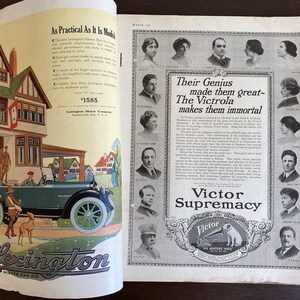 May include: A vintage magazine advertisement for the Victrola, featuring a black and white photo of a gramophone with the text "Their Genius made them great - The Victrola makes them immortal" and "Victor Supremacy".