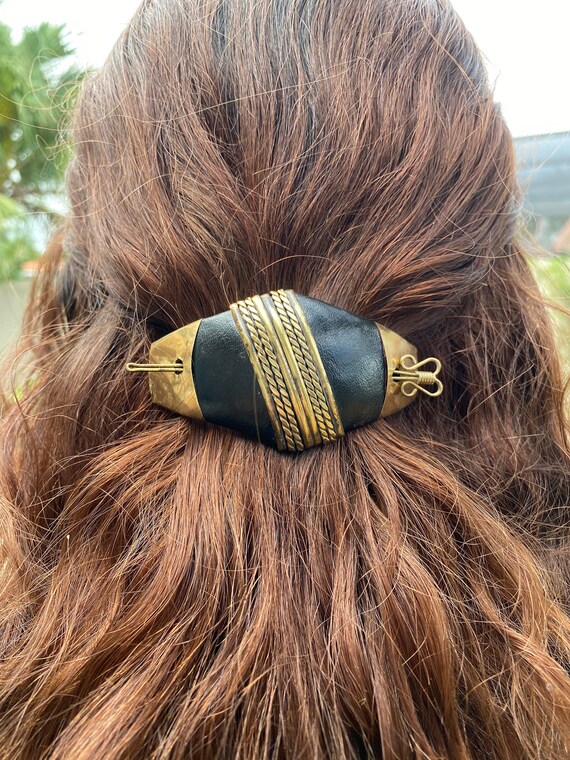 Vintage Leather & Brass Hair Barrette, 70s Hair B… - image 9