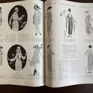 May include: A vintage magazine spread titled Vogue Pattern Service featuring black and white line illustrations of various dresses and outfits from the 1920s. The page displays multiple figures wearing different styles of clothing with descriptive text.