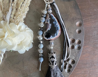 Black Agate Druzy Bag Charm, Gothic Luxe Purse Charm, Boho Crystal Tassel Keychain, Organic Statement Handbag Accessory