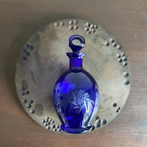 Vintage Czech Bohemian Blue Cut-to-Clear Crystal Decanter/Vase with Clear Stopper, Blue Glassware, Vintage Bare Ware, Blue Home Decor
