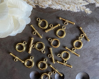 2 Sets 11x19mm Gold Plated Pewter Toggle Clasps, Jewelry Findings, Textured Ring and Bar Closures for Bracelets & Necklace(CL003)
