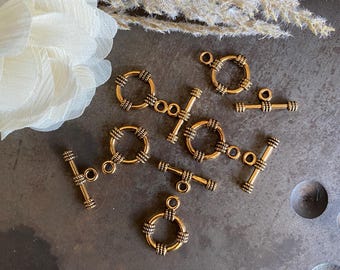 2 Sets 19x15mm Gold Plated Pewter Toggle Clasps, Jewelry Findings, Textured Ring and Bar Closures for Bracelets & Necklace(CL002)