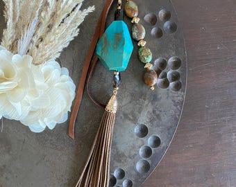 Natural Turquoise Statement Bag Charm, Boho Western Purse Charm, Organic Handbag Accessory, Chunky Turquoise Southwestern Keychain