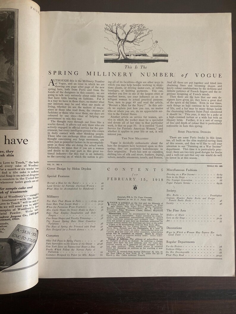 Revista Vogue original del 15 de febrero de 1918, número especial de primavera sobre sombrerería, portada con Helen Dryden, edición completa de Vogue antigua, revista de moda de la Primera Guerra Mundial. imagen 7