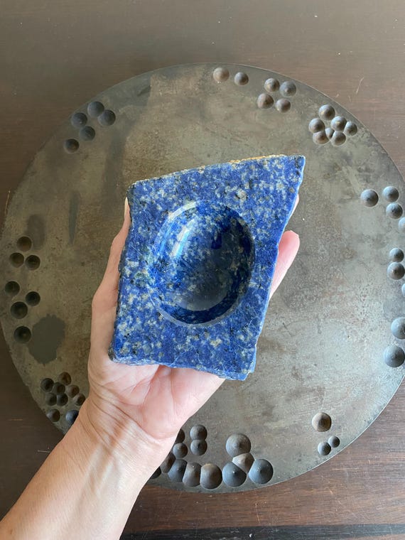Vintage Lapis Lazuli Ashtray Bowl, Hand Carved Trinket Dish, Blue