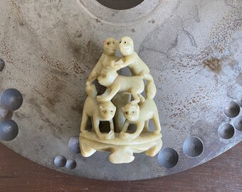 Vintage Asian Hand-Carved Soapstone Monkey Pyramid, Zodiac Monkey, Soapstone Monkeys, Handcarved Soapstone, Monkey Pyramid, Asian Decor