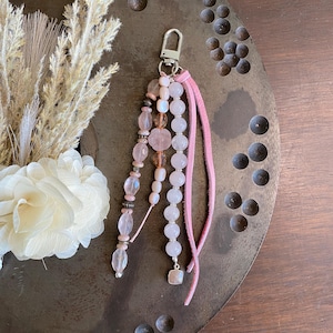 Rose Quartz Boho Tassel Charm, Feminine Gemstone Purse Accessory | Soft Pink Beaded Key Ring, BohoBag Charm Keychain, Romantic Chic Charm