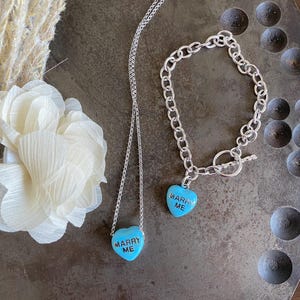 Vintage Sterling Silver “Marry Me” Heart Jewelry, Blue Enamel Heart Necklace & Toggle Bracelet, Romantic Proposal Gift, Love Token Jewelry