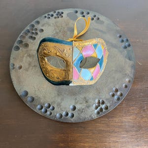 Vintage Hand-Painted Venetian Harlequin Mask, Multicolor Masquerade Half Mask, Theater, Mardi Gras, Harlequin, Signed Piece