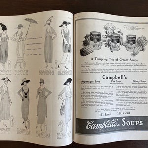 May include: A black and white magazine advertisement for Campbell's Soups. The ad features three cans of soup: Asparagus, Pea, and Celery. The text reads "A Tempting Trio of Cream Soups" and "21 kinds 12c a can".