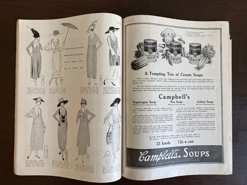 May include: A black and white magazine advertisement for Campbell's Soups. The ad features three cans of soup: Asparagus, Pea, and Celery. The text reads "A Tempting Trio of Cream Soups" and "21 kinds 12c a can".