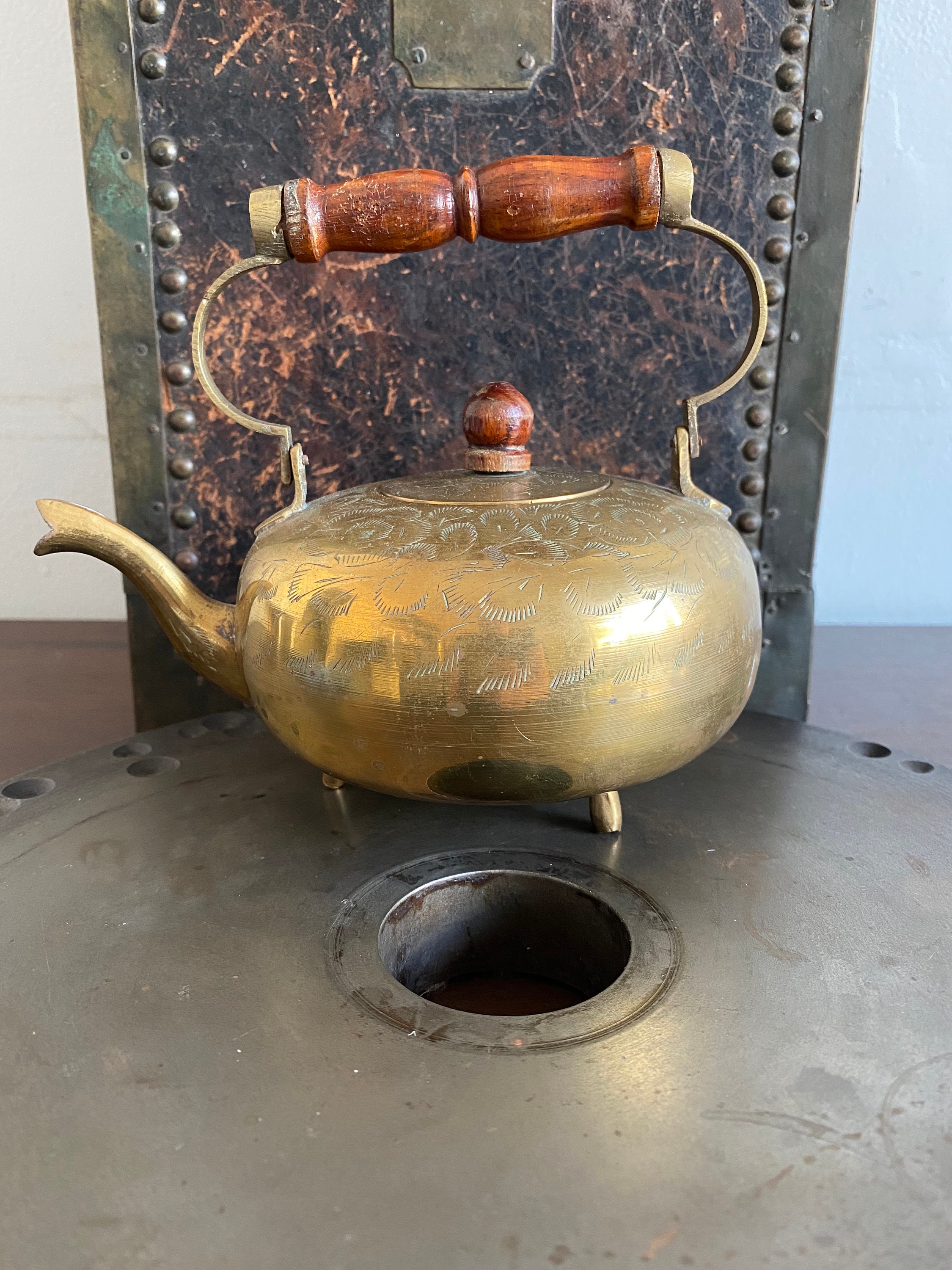 Vintage Brass Teapot, Brass Teapot, Made in India, Etched Brass