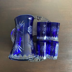 5pc-Vintage Czech Bohemian Blue Cut-to-Clear Crystal Pitcher and Glass Set, Blue Glassware, Cut Glass Barware,