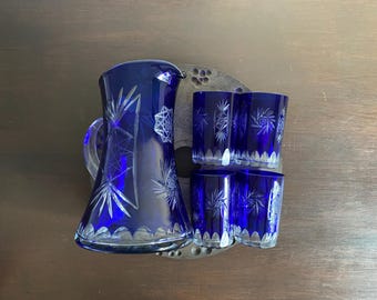 5pc-Vintage Czech Bohemian Blue Cut-to-Clear Crystal Pitcher and Glass Set, Blue Glassware, Cut Glass Barware,