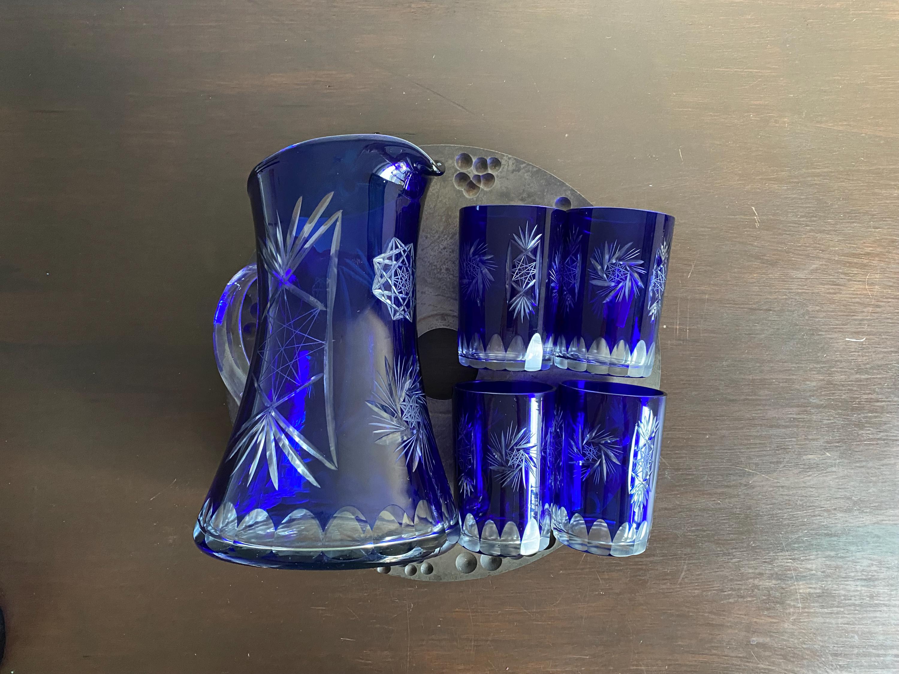 5pc-vintage Czech Bohemian Blue Cut-to-clear Crystal Pitcher and