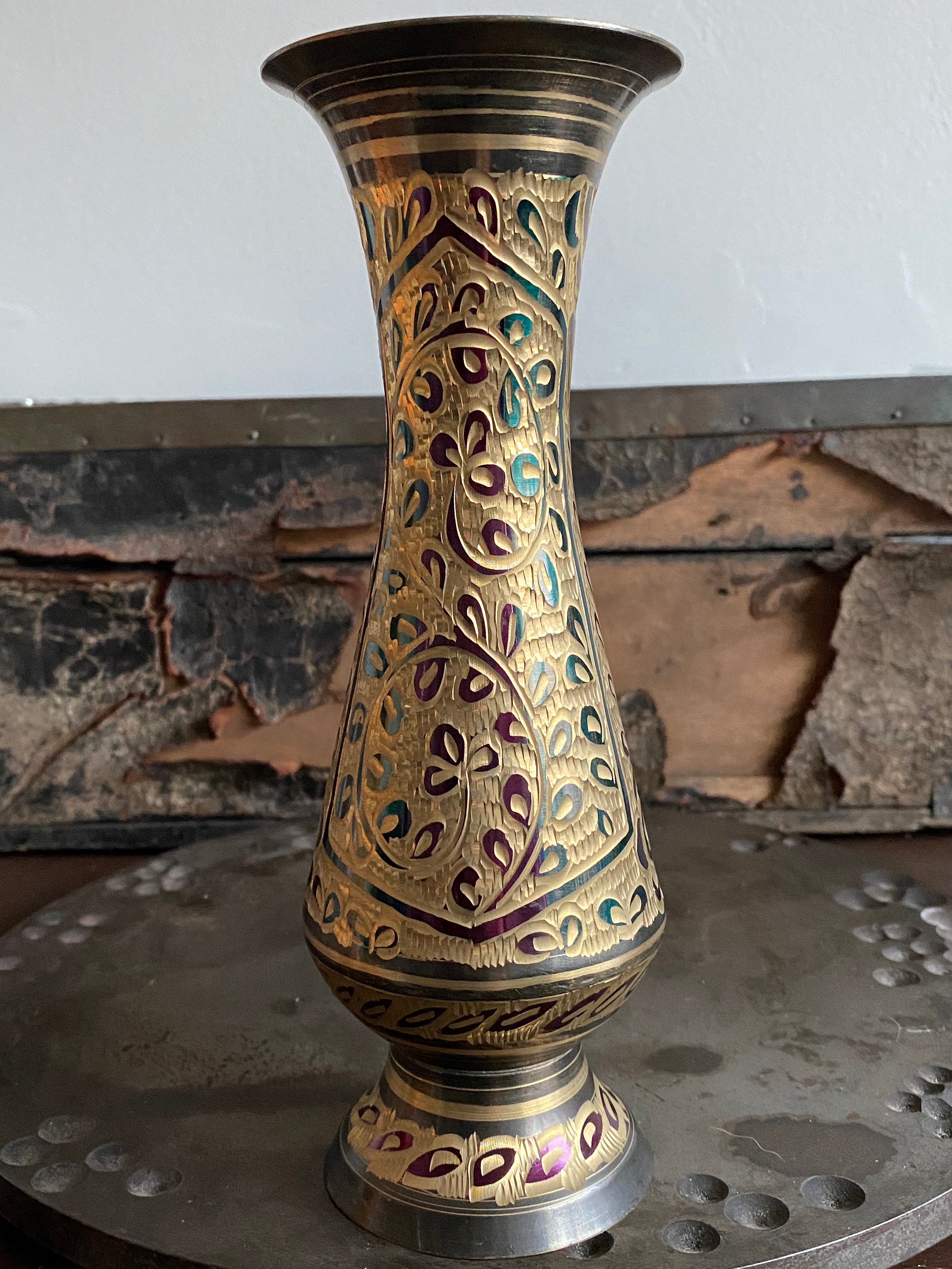 Vintage Etched Brass Vase Brass Vase Brass Floral Vase Etsy UK