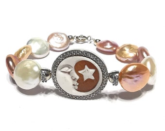 Women's Bracelet with Baroque Pearls Multicolor Cameo Italian Engraved and Handmade Relief Moon Star in 925 Silver Rhodium Plated Craft