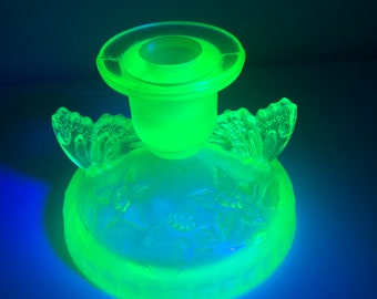 NEW LISTING: One Art Deco Sowerby 2552 butterfly uranium Vaseline glass candlestick mint
