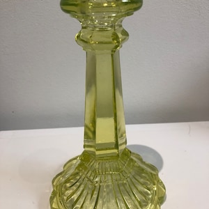 NEW LISTING: Victorian Sowerby? Greener? Vaseline uranium glass 7.25” tall candlestick excellent 620g unpacked