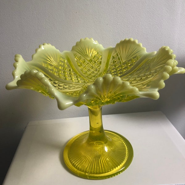 NEW LISTING Extra rare Antique Victorian Heavy XL Rare Davidson Primrose Pearline Glass Queens Crown Footed Dish Excellent