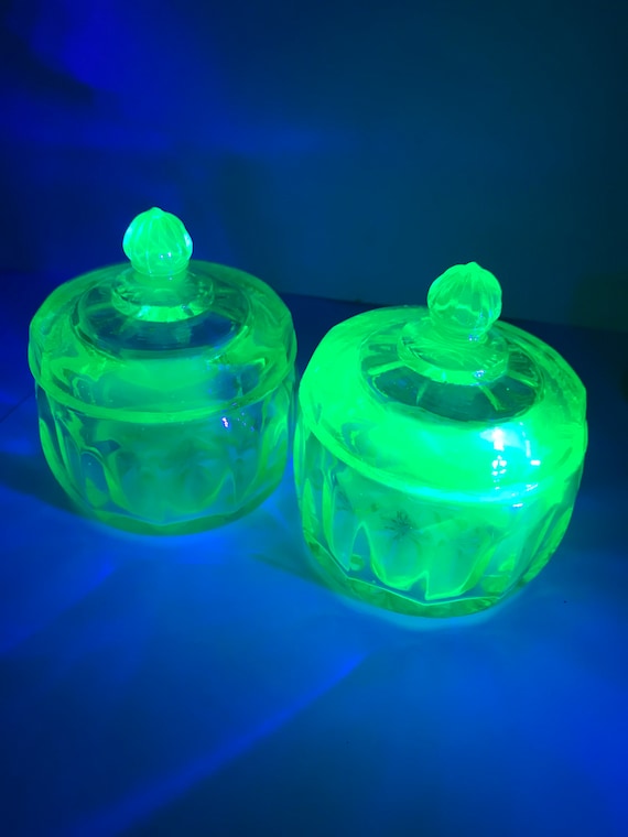 Two small Art Deco uranium glass trinket pots in excellent condition
