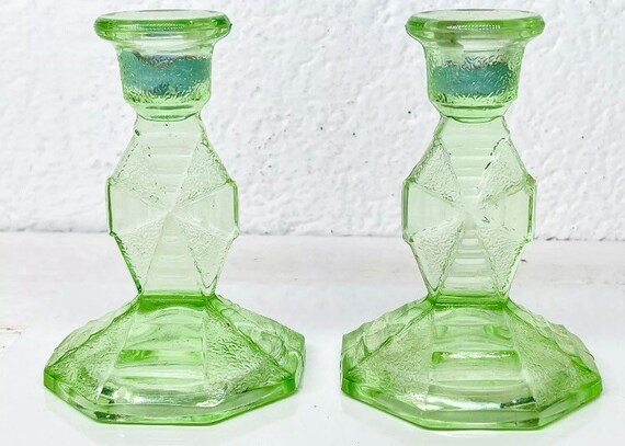 For sale two Art Deco Bagley Featherstone 3085 green glass candlesticks excellent