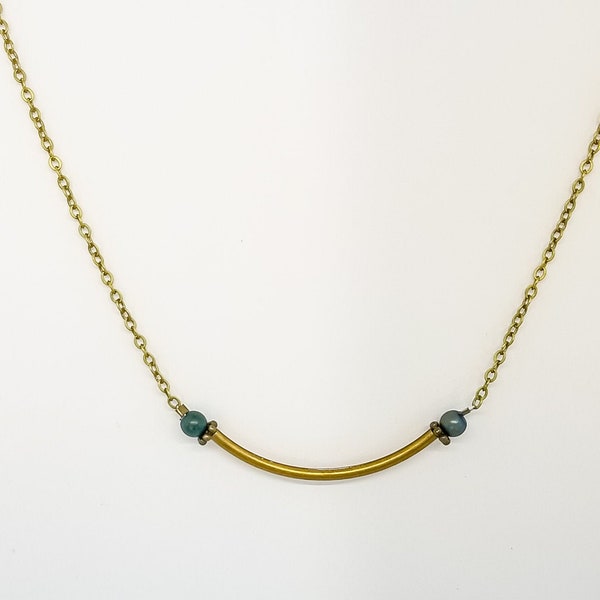 Antique Brass Curved Bar Necklace, Tube Necklace, Simple Layering Jewelry, Small Gemstone Necklace, Understated Jewelry