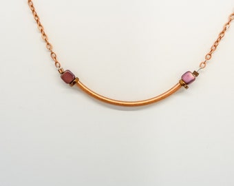 Antique Copper Curved Bar Necklace, Small Gemstone Necklace, Tube Necklace, Boho Minimalist Jewelry, Layering Jewelry