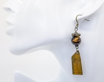 Brass Patina Earrings, Rectangle Metal Earrings, Oxidized Gemstone Drops, Verdigris Jewelry, Natural Rustic Earrings, Tiger Eye
