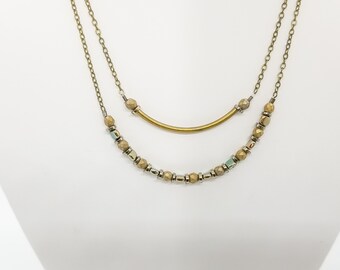 Simple Chain Set Small Gemstone Jewelry Artisan Crafted Necklace Antique Brass Curved Tube Necklace Set Casual Everyday Jewelry